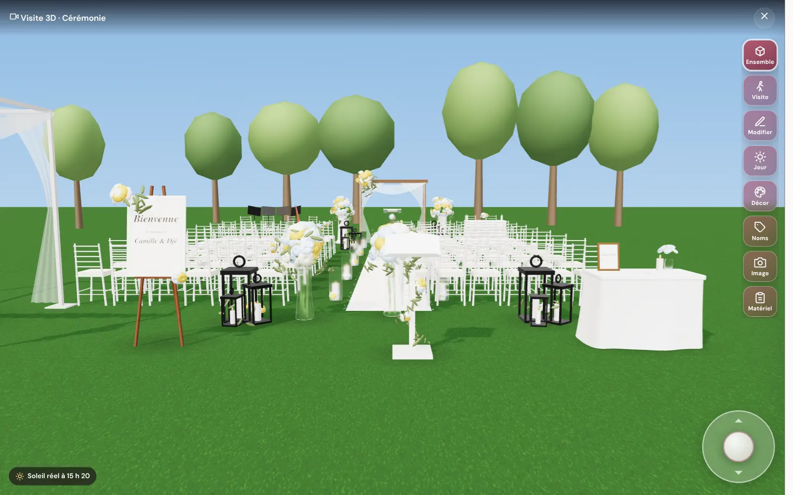 Visite 3D d'une cérémonie laïque en extérieur dans WeddingPart : arche, allée, chaises et panneau de bienvenue