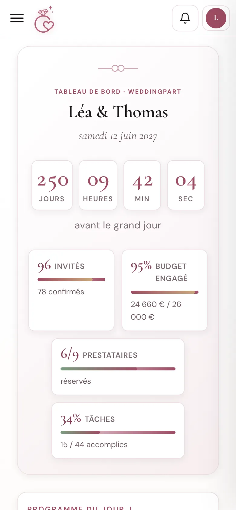Tableau de bord WeddingPart sur téléphone