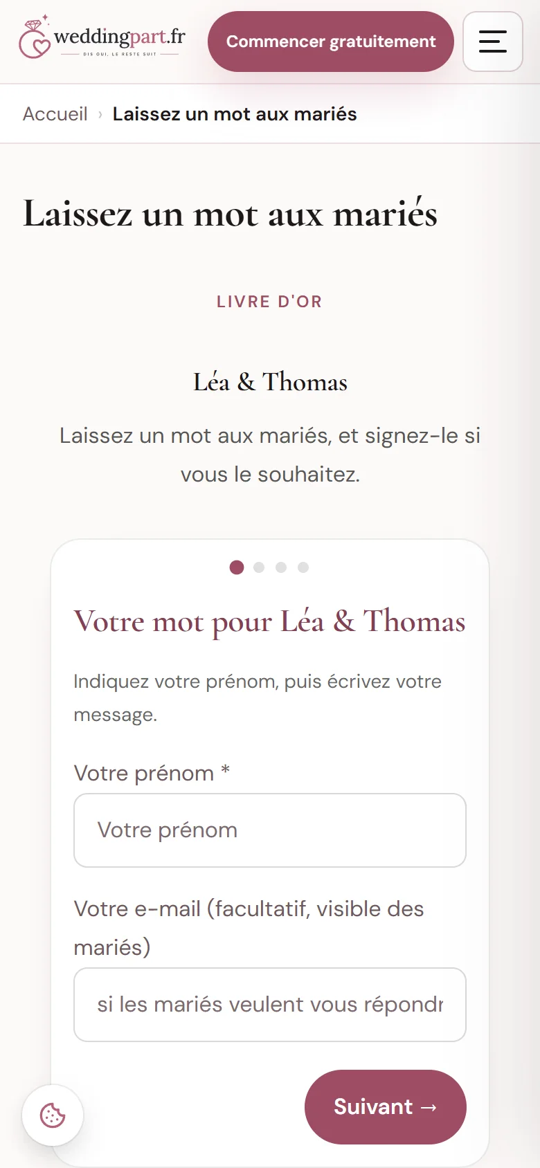 Livre d'or de mariage sur téléphone : l'invité écrit son prénom et son message pour les mariés