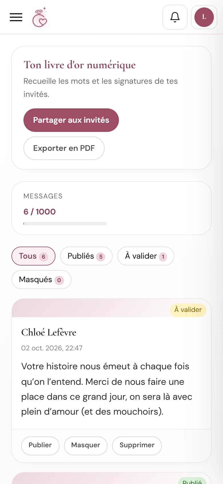 Livre d'or de mariage numérique dans WeddingPart : messages des invités avec leur signature (sur téléphone)