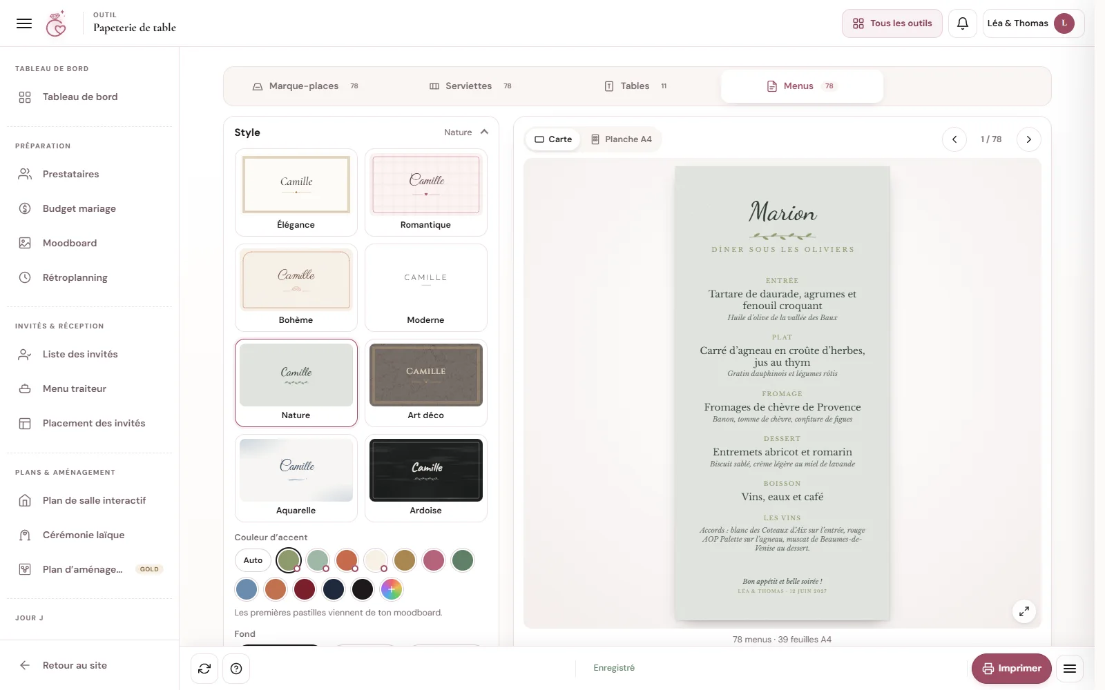 Carte menu de mariage à imprimer au prénom de l'invité dans WeddingPart : entrée, plat, fromage, dessert et vins