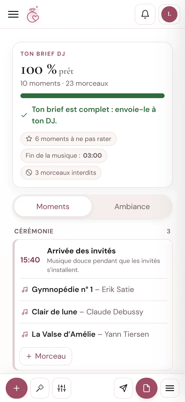 Brief DJ de mariage dans WeddingPart : moments de la cérémonie et morceaux choisis (sur téléphone)
