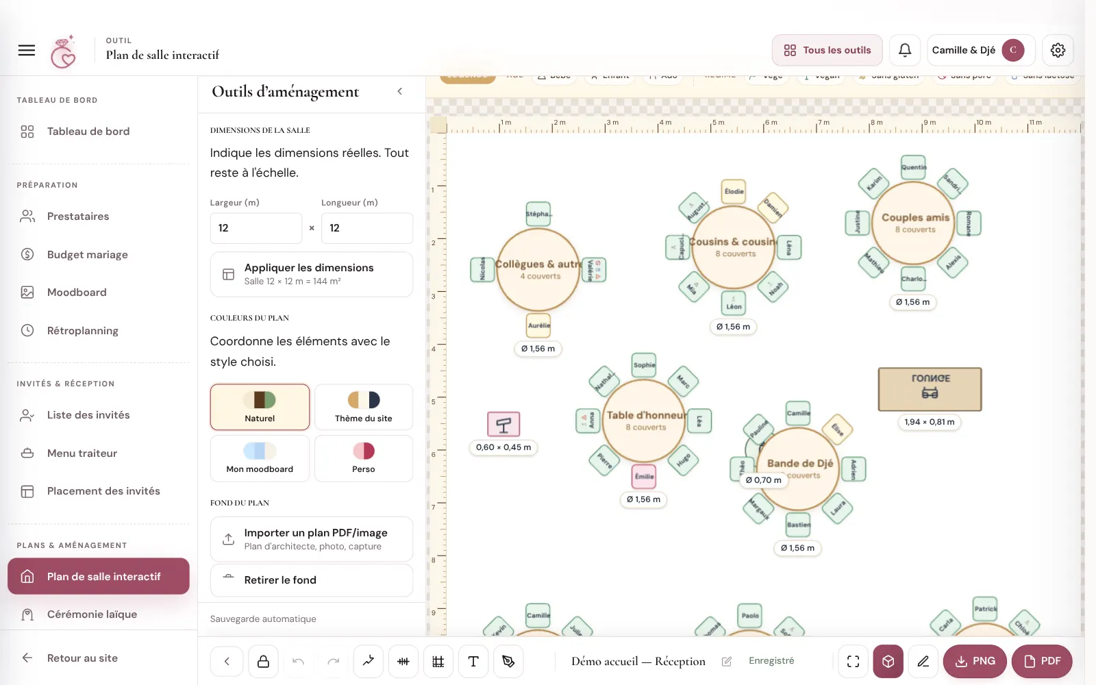 Plan de salle de mariage dans WeddingPart : tables, piste de danse et bar placés à l'échelle