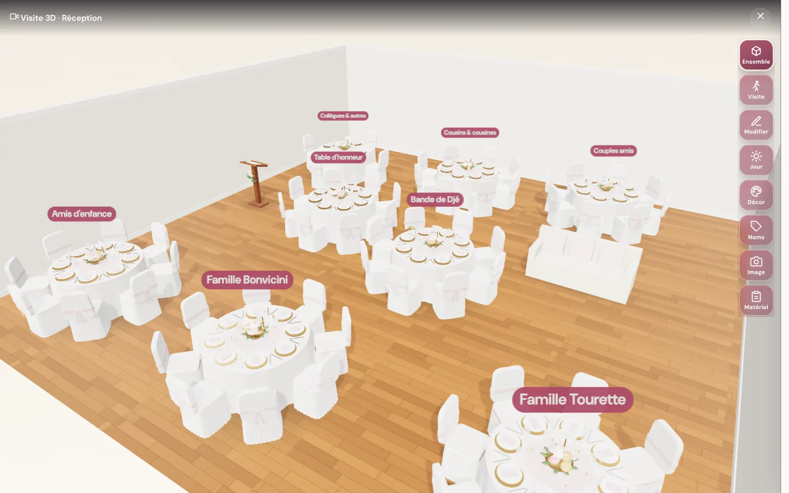 Plan de salle en 3D d'un mariage en préparation