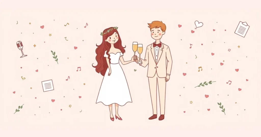 Dessin : les mariés trinquent au champagne, entourés d'un micro, de notes de musique, de feuilles de discours et de petits cœurs