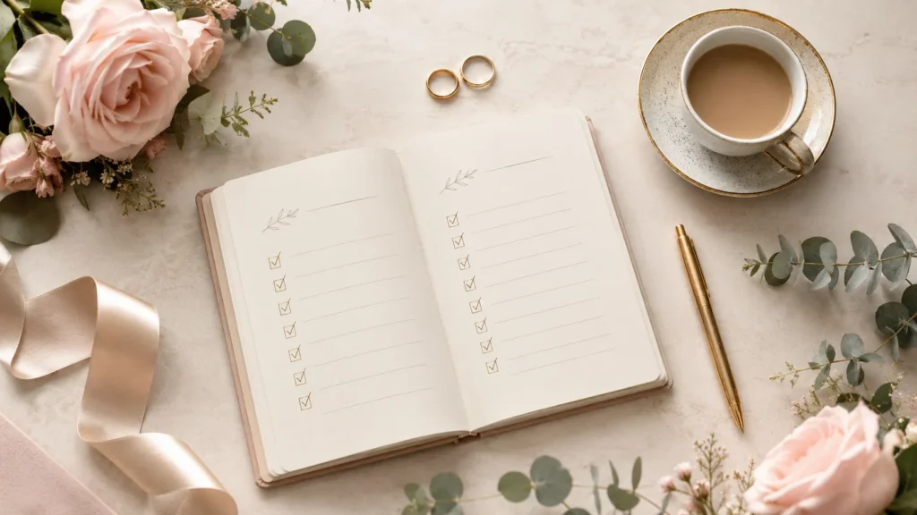 Carnet de check-list de mariage ouvert avec cases cochées, alliances dorées, tasse de café et roses poudrées