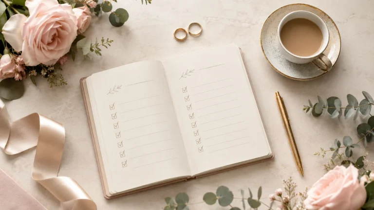 Carnet de check-list de mariage ouvert avec cases cochées, alliances dorées, tasse de café et roses poudrées