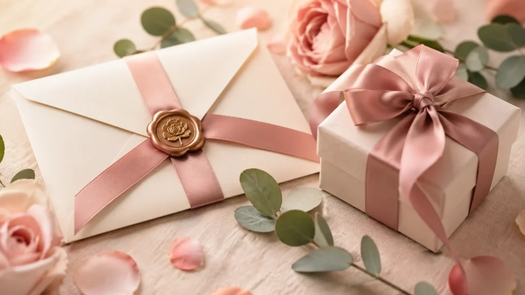 Enveloppe ivoire fermée par un cachet de cire et un ruban rose, à côté d'un petit cadeau, entourés de roses et d'eucalyptus
