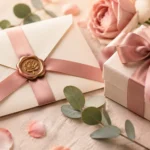 Enveloppe ivoire fermée par un cachet de cire et un ruban rose, à côté d'un petit cadeau, entourés de roses et d'eucalyptus