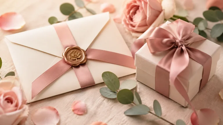 Enveloppe ivoire fermée par un cachet de cire et un ruban rose, à côté d'un petit cadeau, entourés de roses et d'eucalyptus