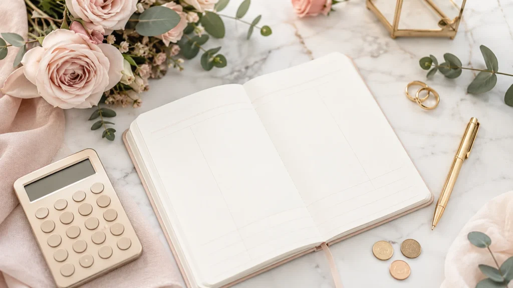 Carnet de budget de mariage, calculatrice, alliances dorées et pièces de monnaie sur un plan de travail en marbre