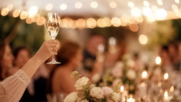Main levant une flûte de champagne pour porter un toast lors d'une réception de mariage, guirlandes lumineuses en arrière-plan