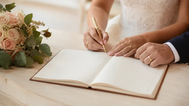 Couple de mariés signant le registre de mariage avec un stylo doré, alliances aux doigts et bouquet de roses posé à côté