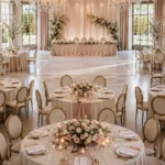 Salle de réception de mariage élégante avec tables rondes dressées en blanc et rose poudré, chaises dorées, centres de table fleuris et piste de danse centrale menant à la table d'honneur