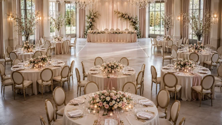 Salle de réception de mariage élégante avec tables rondes dressées en blanc et rose poudré, chaises dorées, centres de table fleuris et piste de danse centrale menant à la table d'honneur