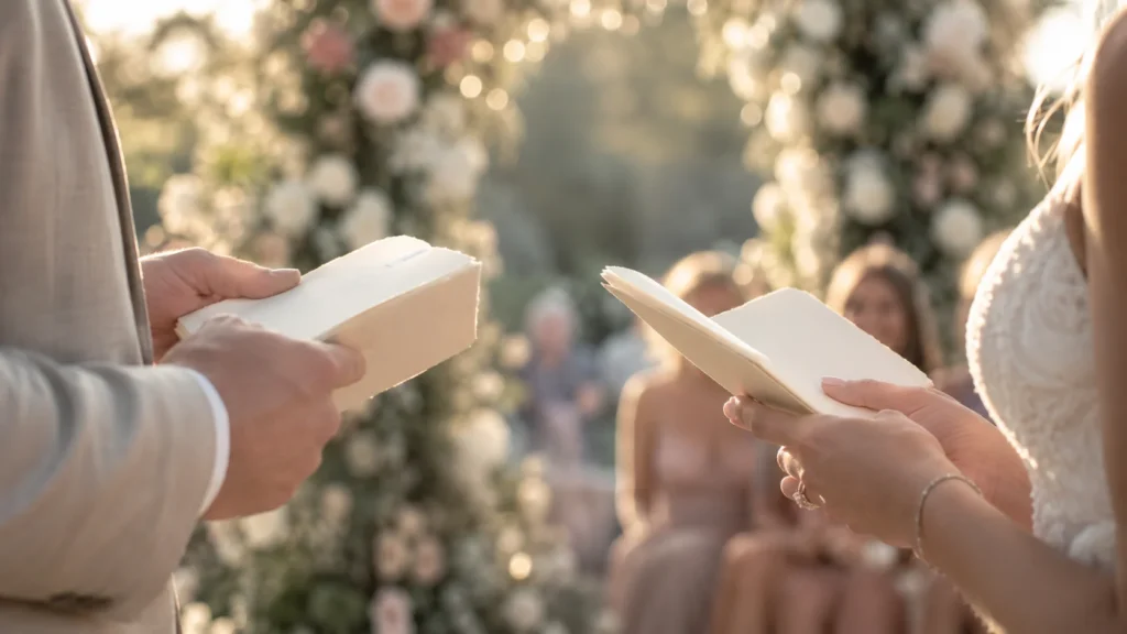 Mains d'un couple de mariés tenant leurs livrets de vœux lors d'une cérémonie en extérieur, arche fleurie rose poudré en arrière-plan