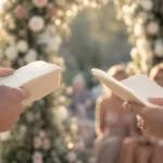 Mains d'un couple de mariés tenant leurs livrets de vœux lors d'une cérémonie en extérieur, arche fleurie rose poudré en arrière-plan