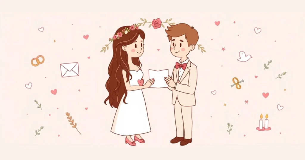 Dessin : la mariée lit ses vœux sur une petite carte face au marié, sous une arche de fleurs, entourés d'alliances, d'une lettre, de bougies et de colombes
