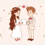 Dessin : la mariée lit ses vœux sur une petite carte face au marié, sous une arche de fleurs, entourés d'alliances, d'une lettre, de bougies et de colombes